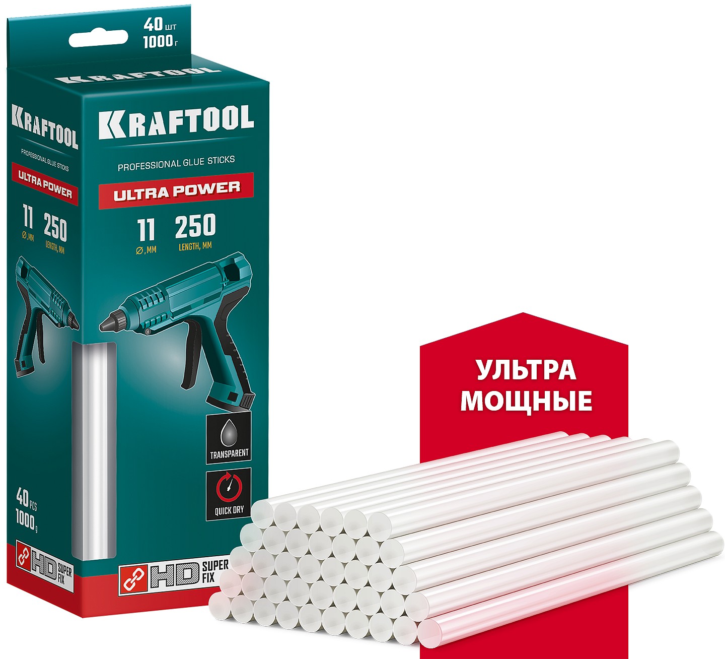 KRAFTOOL Ultra Power ультрамощные прозрачные клеевые стержни, d 11 x 250 мм (11-12 мм) 40 шт. 1 кг 06848-40