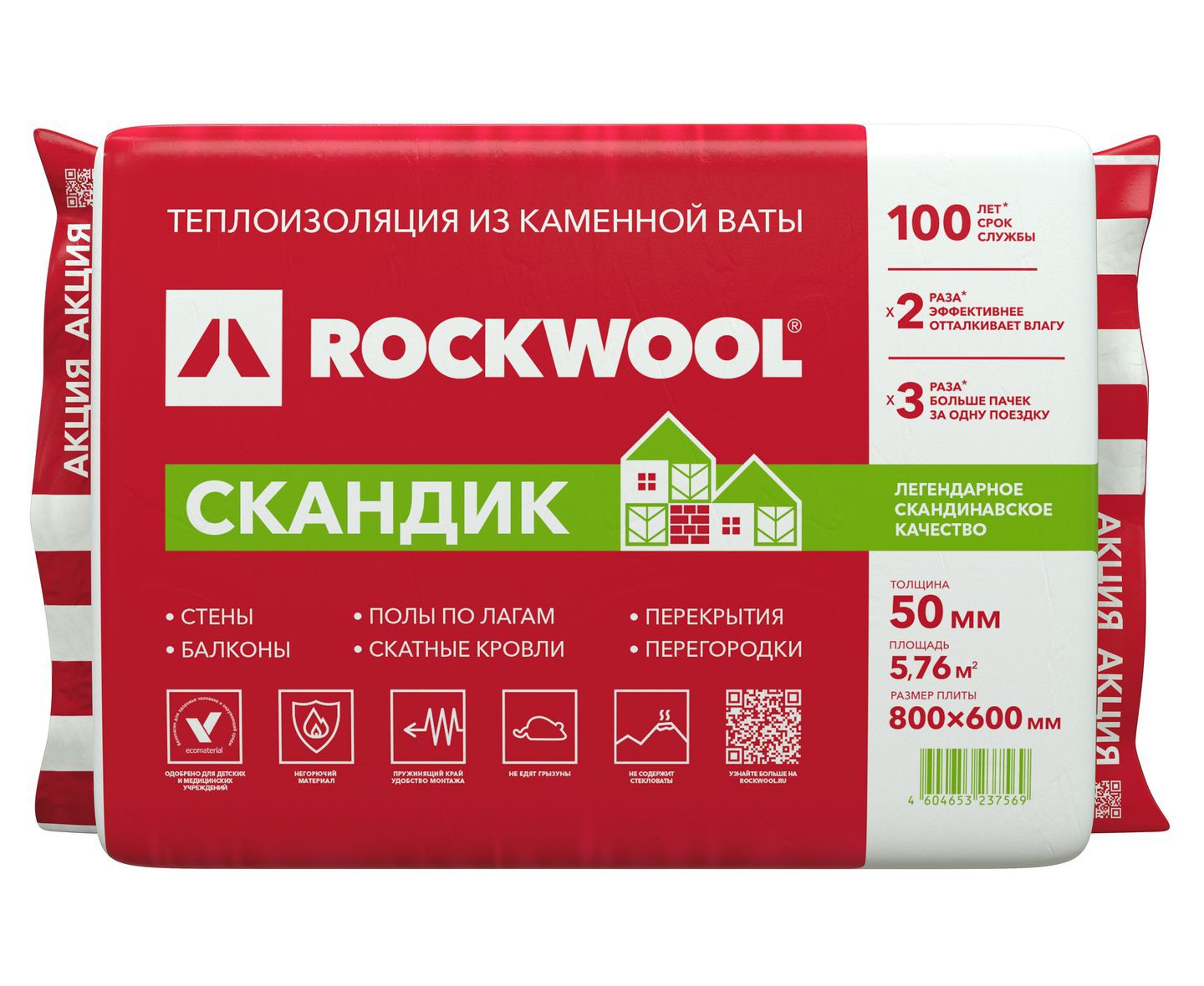 Rockwool Лайт Баттс Скандик 800х600х100 мм 2.88м2 0.288м3 6шт