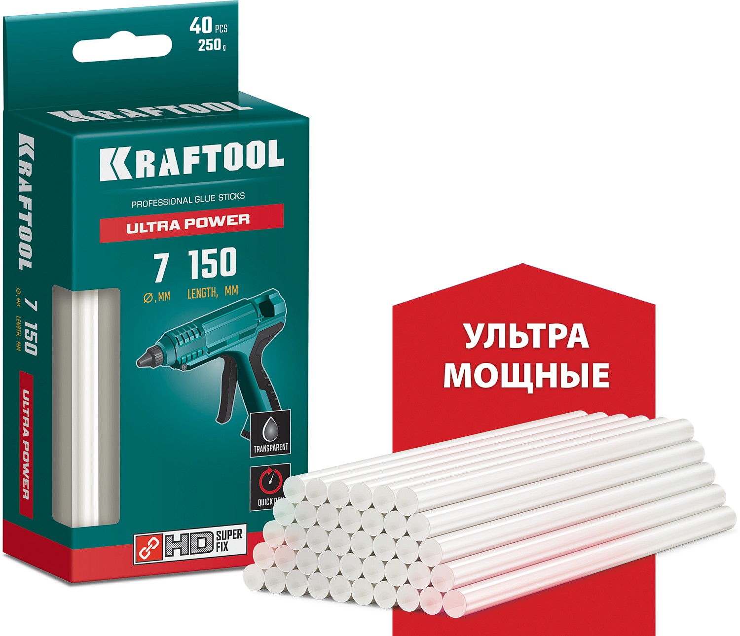 KRAFTOOL Ultra Power ультрамощные прозрачные клеевые стержни, d 7 x 150 мм (7-8 мм) 40 шт. 250 г. 06837-40
