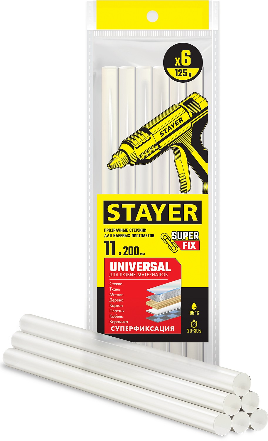 STAYER Universal прозрачные универсальные клеевые стержни, d 11 мм х 200 мм 6 шт. 125 г. 2-06821-T-S06