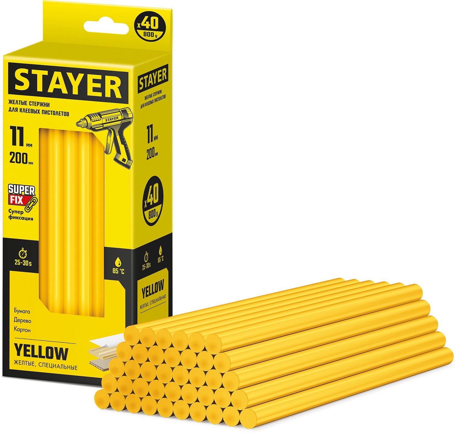 STAYER Yellow желтые клеевые стержни, d 11 мм х 200 мм 40 шт. 0,8 кг. 2-06821-Y-S40