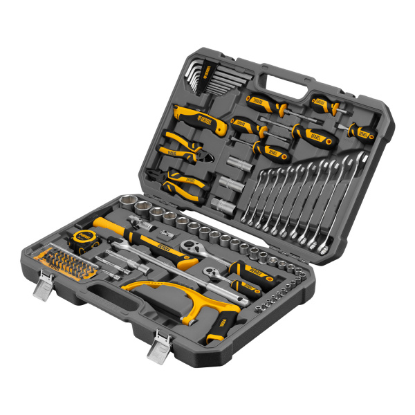 Набор инструментов, 1/2", 1/4", CrV, S2, пластиковый кейс, 100 предметов Denzel