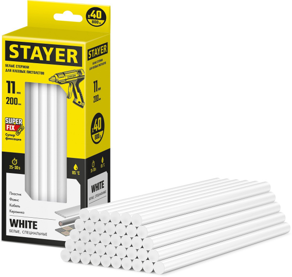 STAYER White белые клеевые стержни, d 11 мм х 200 мм 40 шт. 0,8 кг. 2-06821-W-S40