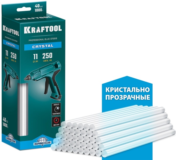 KRAFTOOL Cristal кристально прозрачные клеевые стержни, d 11 x 250 мм (11-12 мм) 40 шт. 1 кг 06846-40